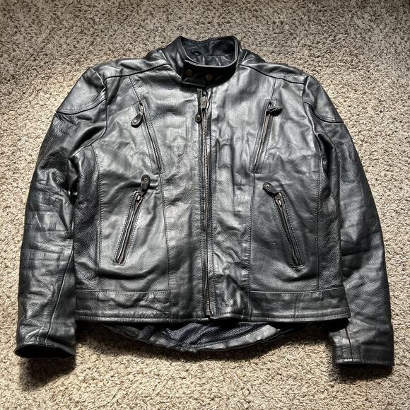 First Jafrum Leather Motorcycle Jacket Mens M Black Heavyweight Lined Vented - Picture 1 of 12